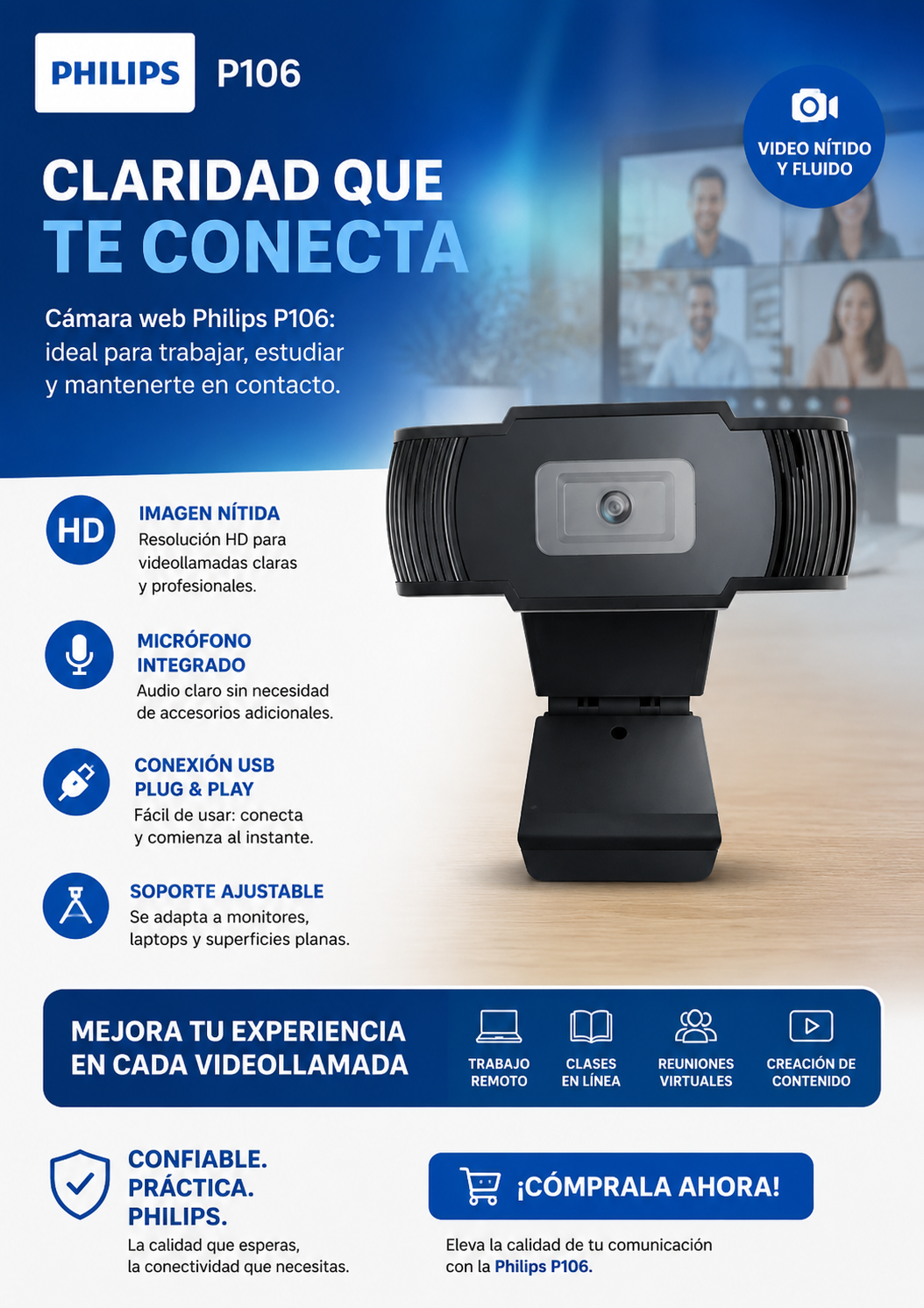 Philips | Cámara Web Phillips P106 HD - Negro